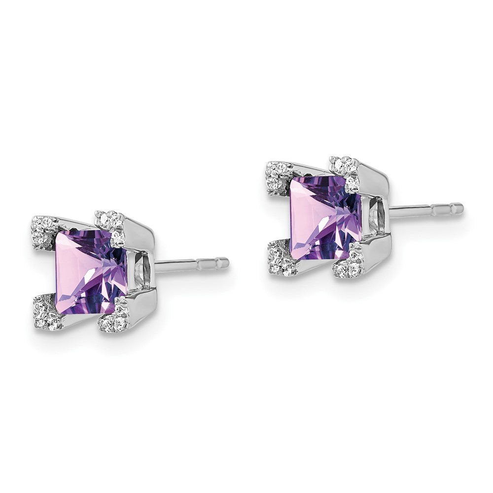 14k White Gold Square Amethyst and Real Diamond Earrings