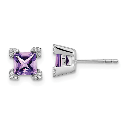 Solid 14k White Gold Square Simulated Amethyst and CZ Earrings