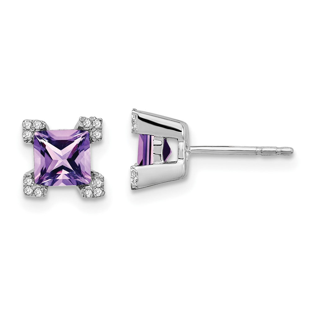 14k White Gold Square Amethyst and Real Diamond Earrings