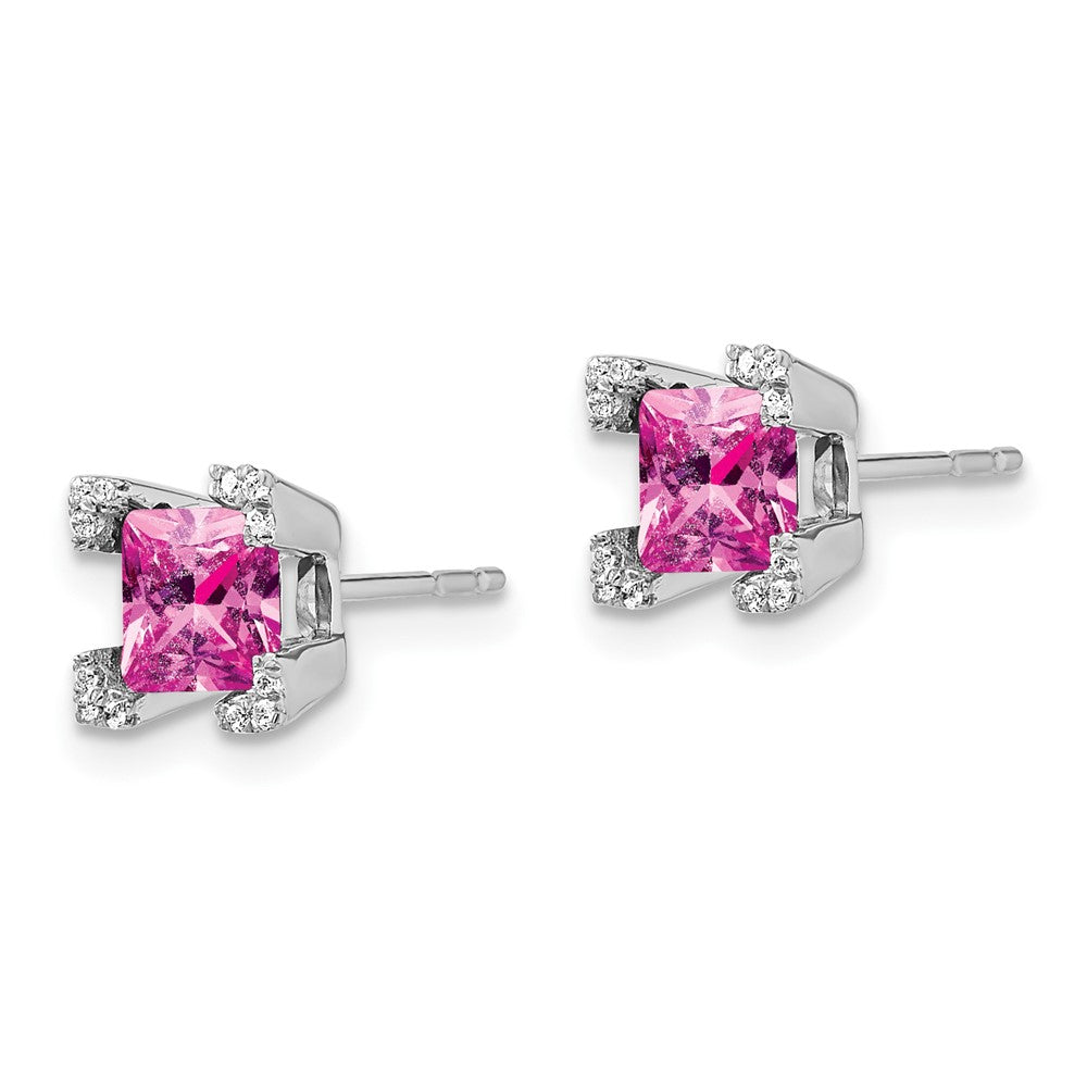 14k White Gold Square Created Pink Sapphire and Real Diamond Earrings