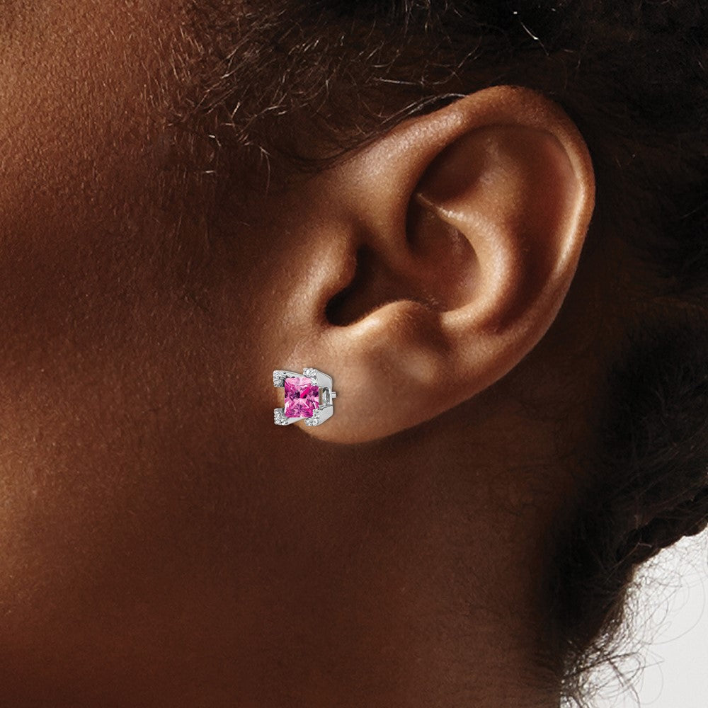 14k White Gold Square Created Pink Sapphire and Real Diamond Earrings