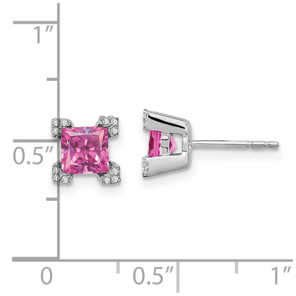 14k White Gold Square Created Pink Sapphire and Real Diamond Earrings