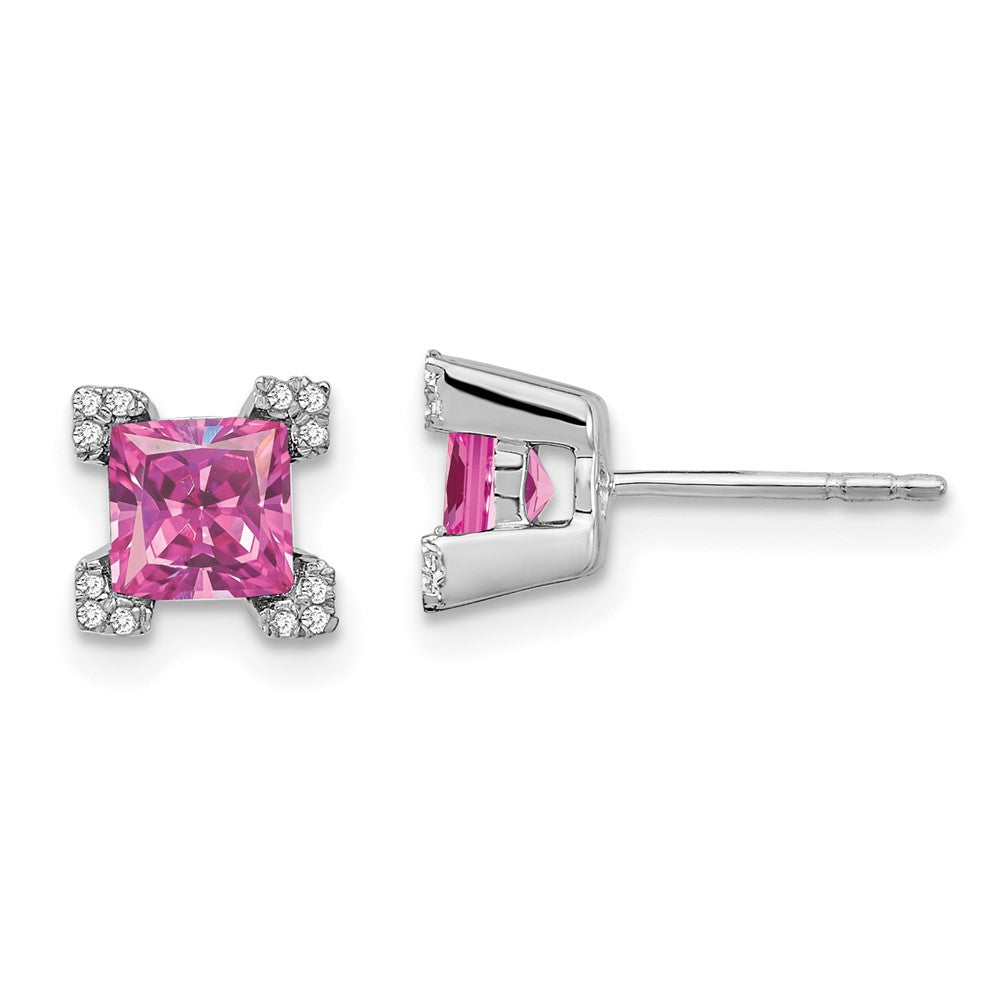 14k White Gold Square Created Pink Sapphire and Real Diamond Earrings