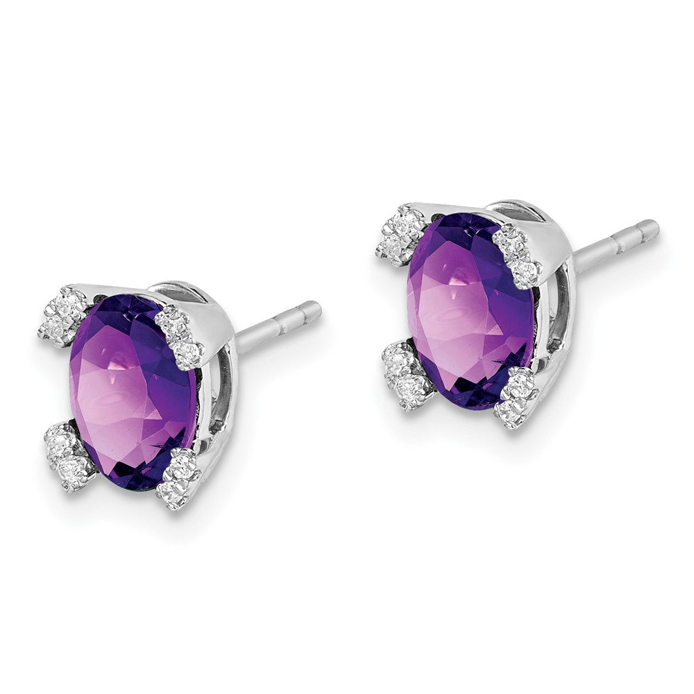 Solid 14k White Gold Oval Simulated Amethyst and CZ Earrings