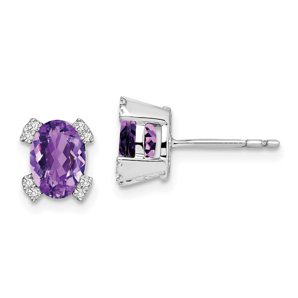 Solid 14k White Gold Oval Simulated Amethyst and CZ Earrings