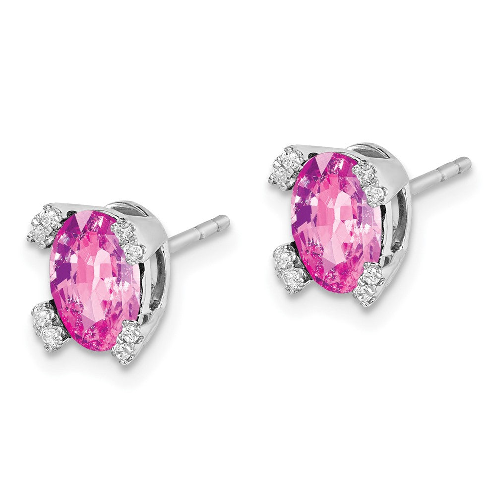 14k White Gold Oval Created Pink Sapphire and Real Diamond Earrings