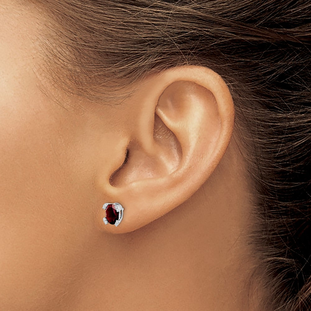 14k White Gold Oval Garnet and Real Diamond Earrings