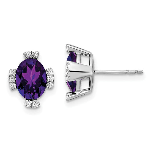 Solid 14k White Gold Oval Simulated Amethyst and CZ Earrings