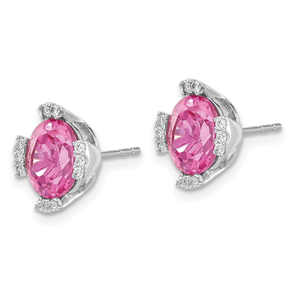 14k White Gold Oval Created Pink Sapphire and Real Diamond Earrings