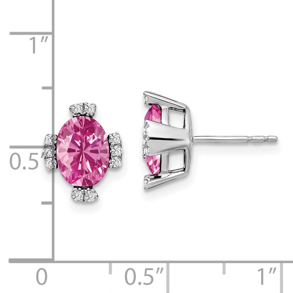 14k White Gold Oval Created Pink Sapphire and Real Diamond Earrings