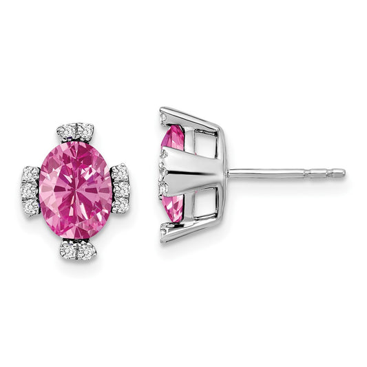 14k White Gold Oval Created Pink Sapphire and Real Diamond Earrings