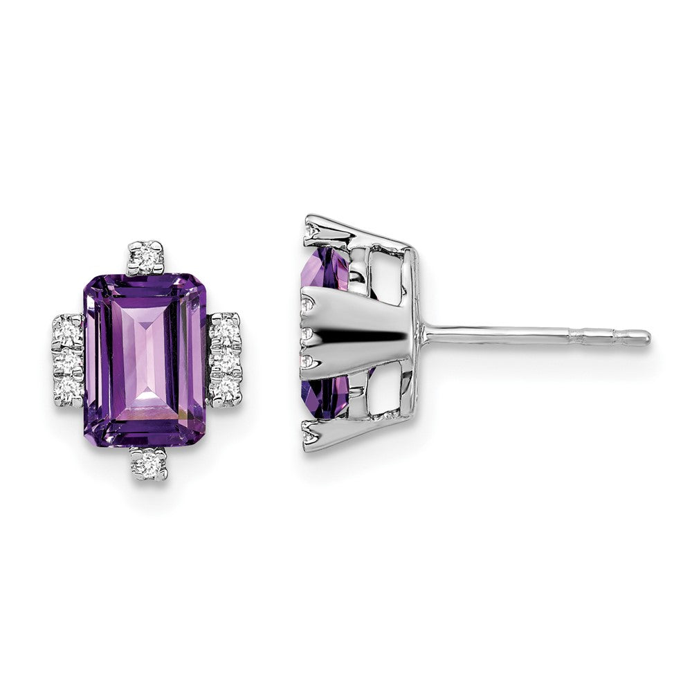 14k White Gold Emerald-shape Amethyst and Real Diamond Earrings