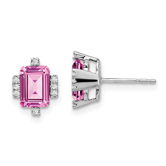 14k White Gold Emerald-shape Creat. Pink Sapphire/Real Diamond Earrings