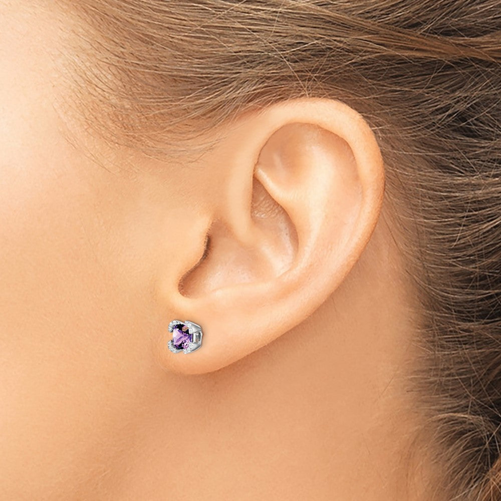 Solid 14k White Gold Cushion Simulated Amethyst and CZ Earrings