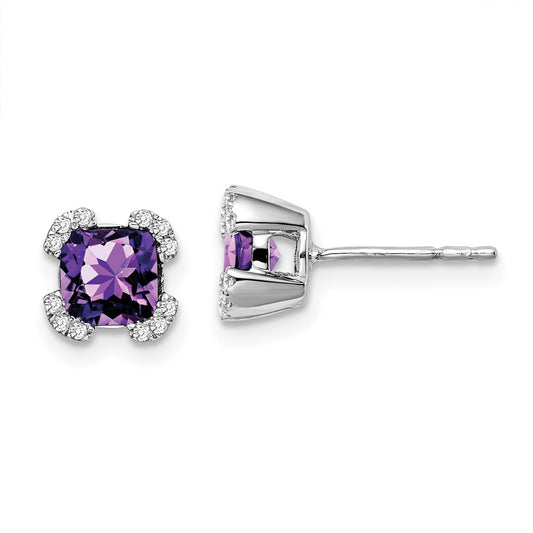 Solid 14k White Gold Cushion Simulated Amethyst and CZ Earrings