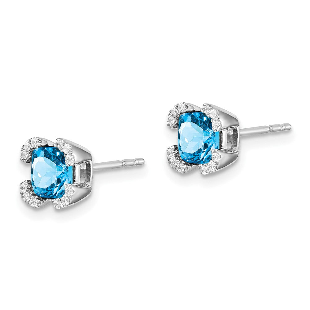 Solid 14k White Gold Cushion Simulated Blue Topaz and CZ Earrings