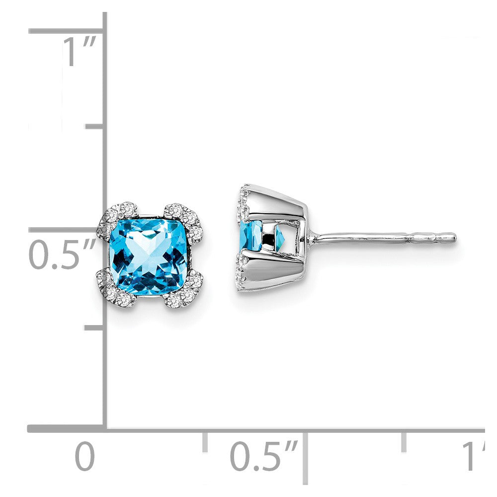 Solid 14k White Gold Cushion Simulated Blue Topaz and CZ Earrings