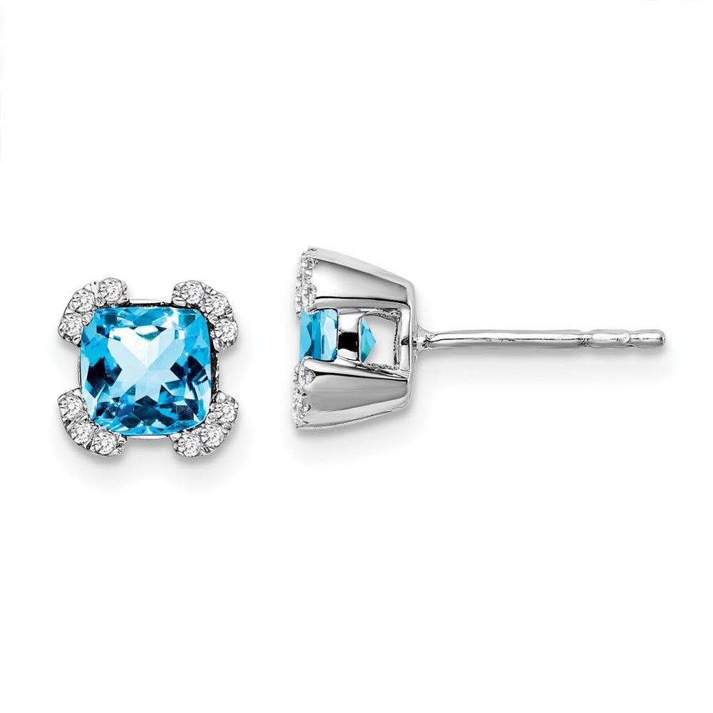 14k White Gold Cushion Blue Topaz and Real Diamond Earrings