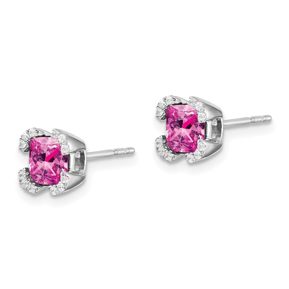 Solid 14k White Gold Cushion Created PinK Simulated Sapphire and CZ Earrings