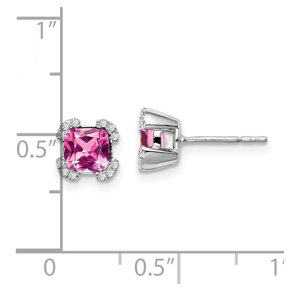 14k White Gold Cushion Created Pink Sapphire and Real Diamond Earrings