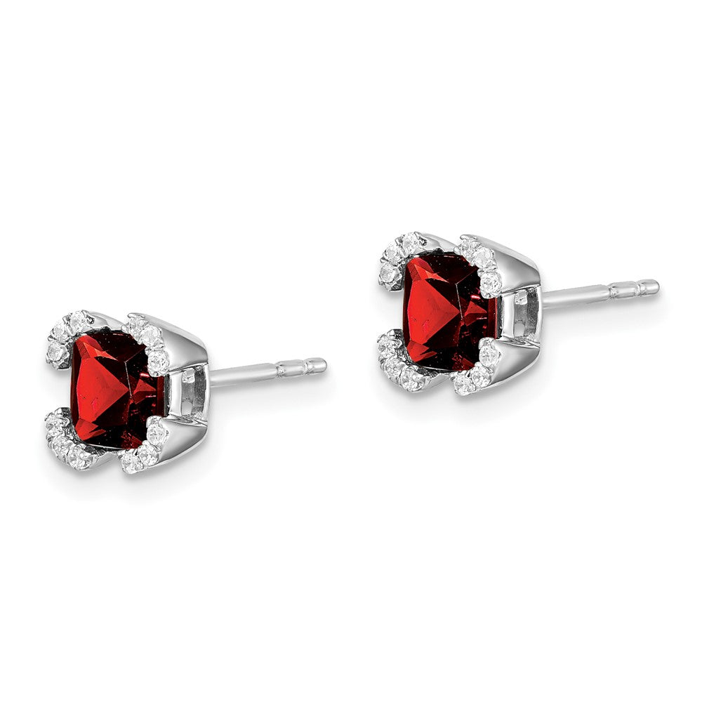 Solid 14k White Gold Cushion Simulated Garnet and CZ Earrings