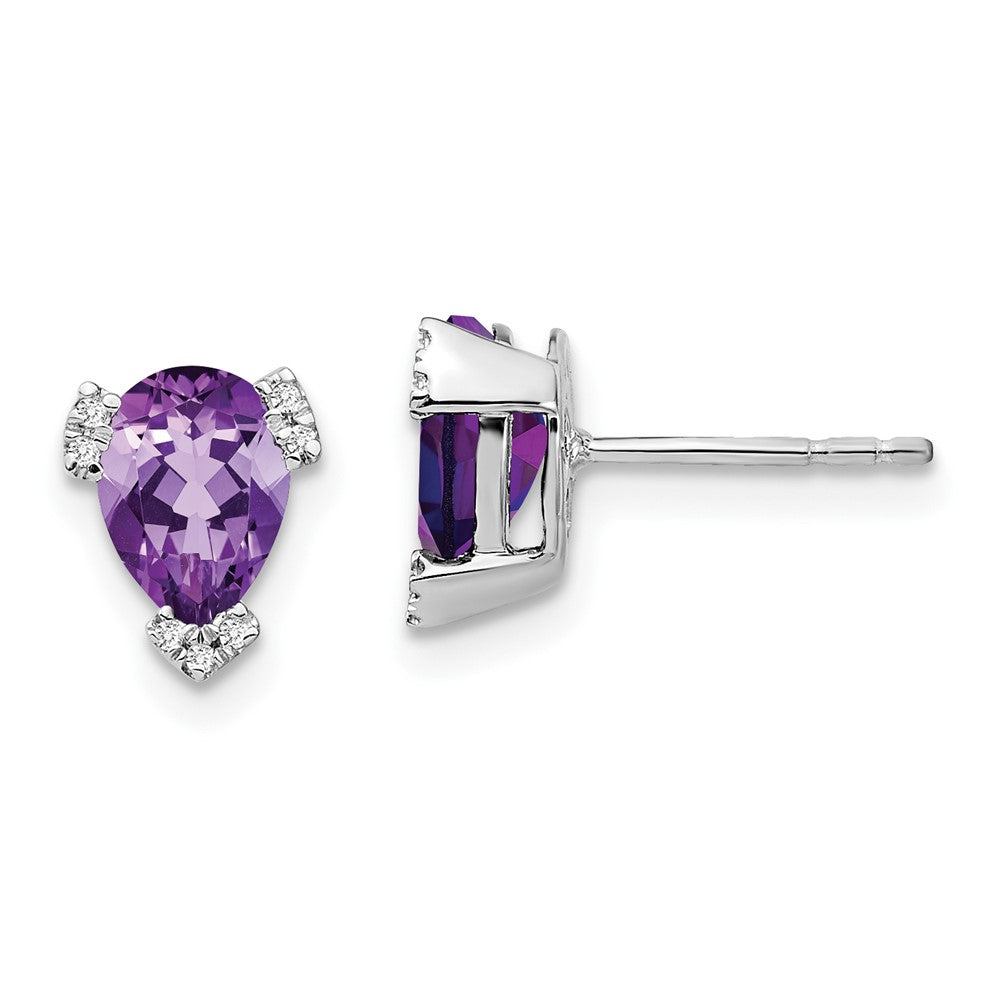 Solid 14k White Gold Pear Simulated Amethyst and CZ Earrings