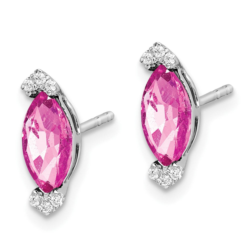 14k White Gold Marquise Created Pink Sapphire and Real Diamond Earrings