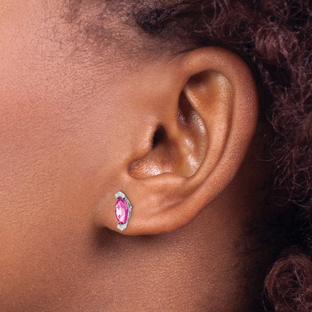 14k White Gold Marquise Created Pink Sapphire and Real Diamond Earrings