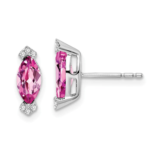 14k White Gold Marquise Created Pink Sapphire and Real Diamond Earrings