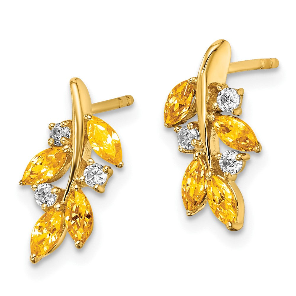 Solid 14k Yellow Gold Simulated Citrine and CZ Leaf Earrings