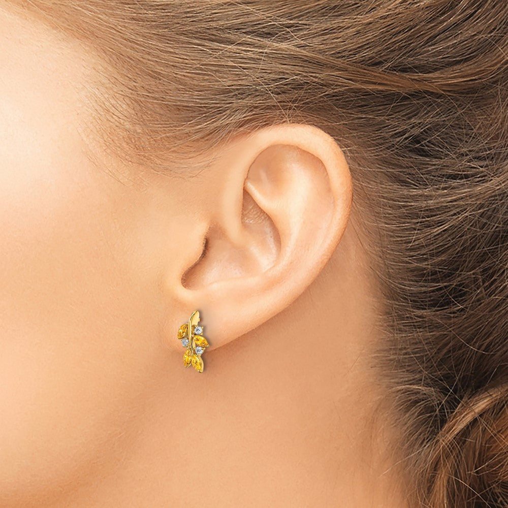 Solid 14k Yellow Gold Simulated Citrine and CZ Leaf Earrings