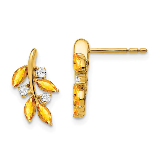 Solid 14k Yellow Gold Simulated Citrine and CZ Leaf Earrings