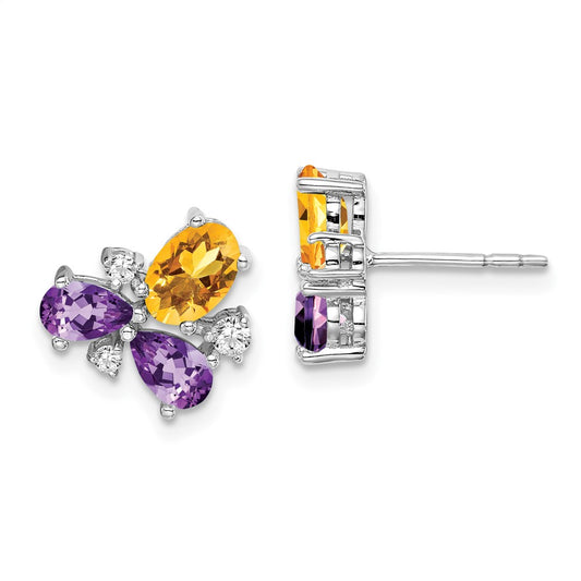 Solid 14k White Gold Simulated Amethyst Simulated/Simulated Citrine CZ Earrings