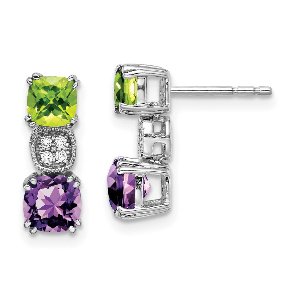 Solid 14k White Gold Simulated Peridot Simulated/Simulated Amethyst CZ Earrings