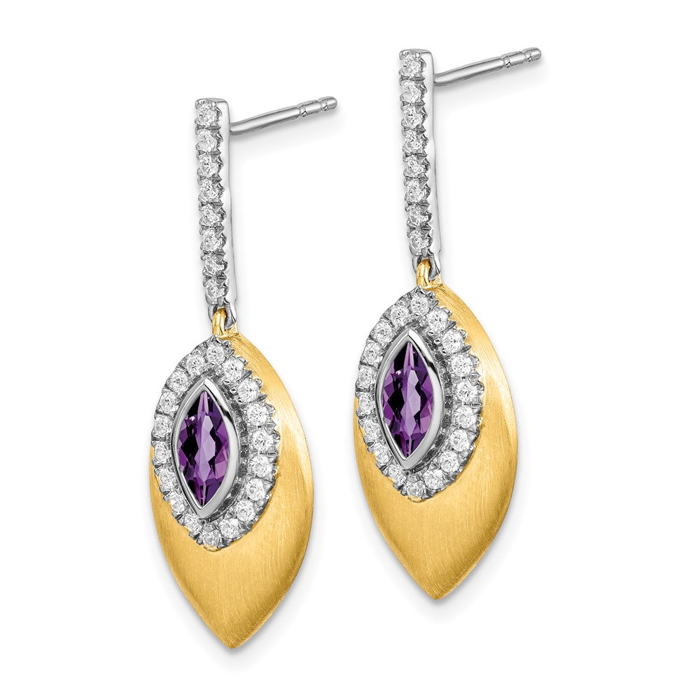 Solid 14k Two-tone Simulated Amethyst and CZ Dangle Earrings