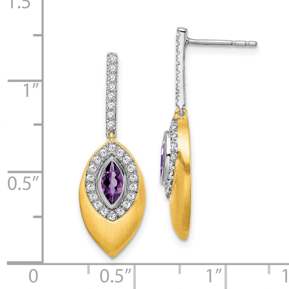 Solid 14k Two-tone Simulated Amethyst and CZ Dangle Earrings