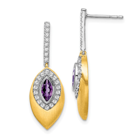 Solid 14k Two-tone Simulated Amethyst and CZ Dangle Earrings