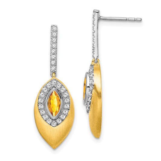 Solid 14k Two-tone Simulated Citrine and CZ Dangle Earrings