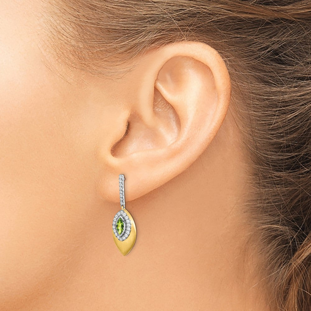 Solid 14k Two-tone Simulated Peridot and CZ Dangle Earrings