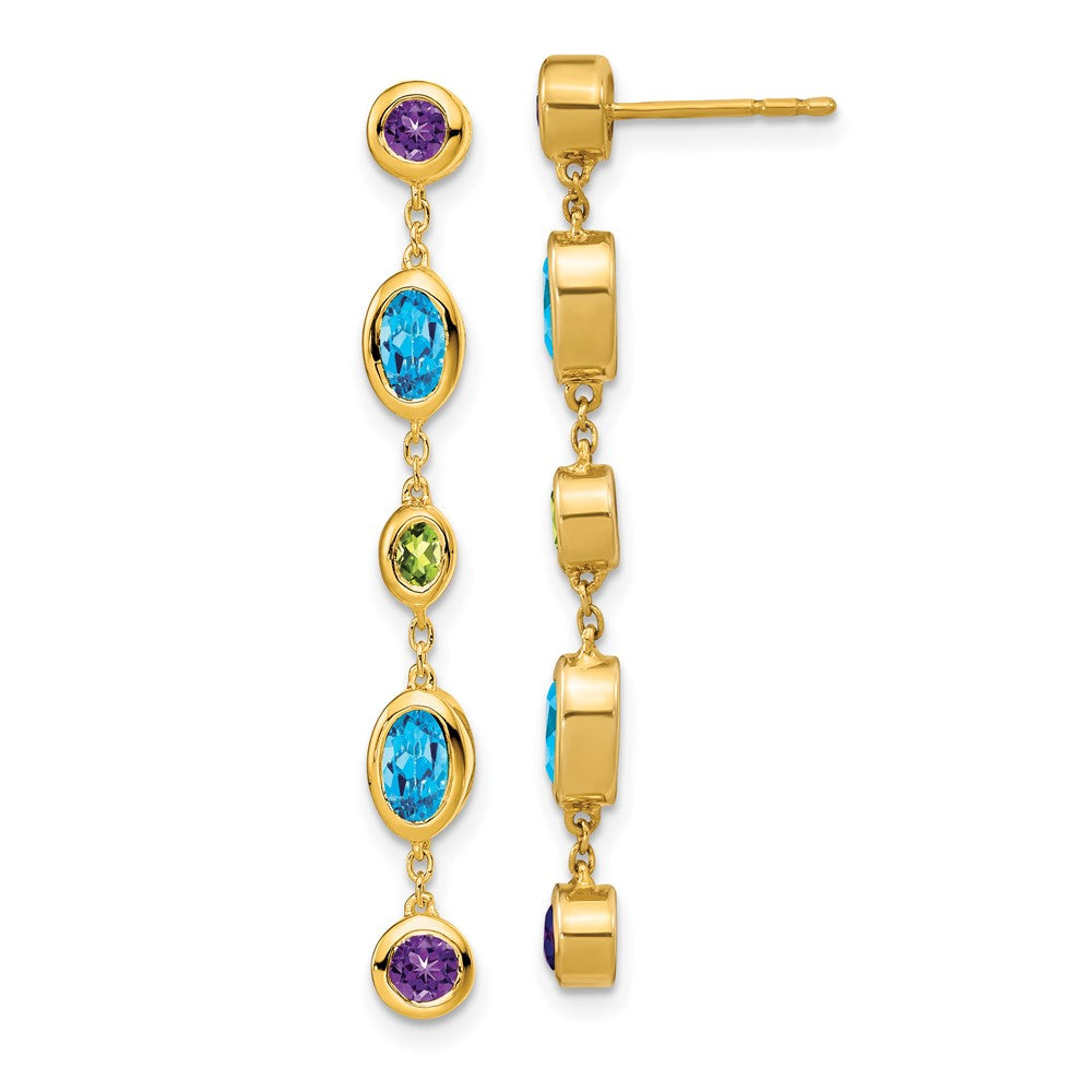 Solid 14k Yellow Gold Simulated Amethyst/Blue Topaz/Peridot Dangle Earrings