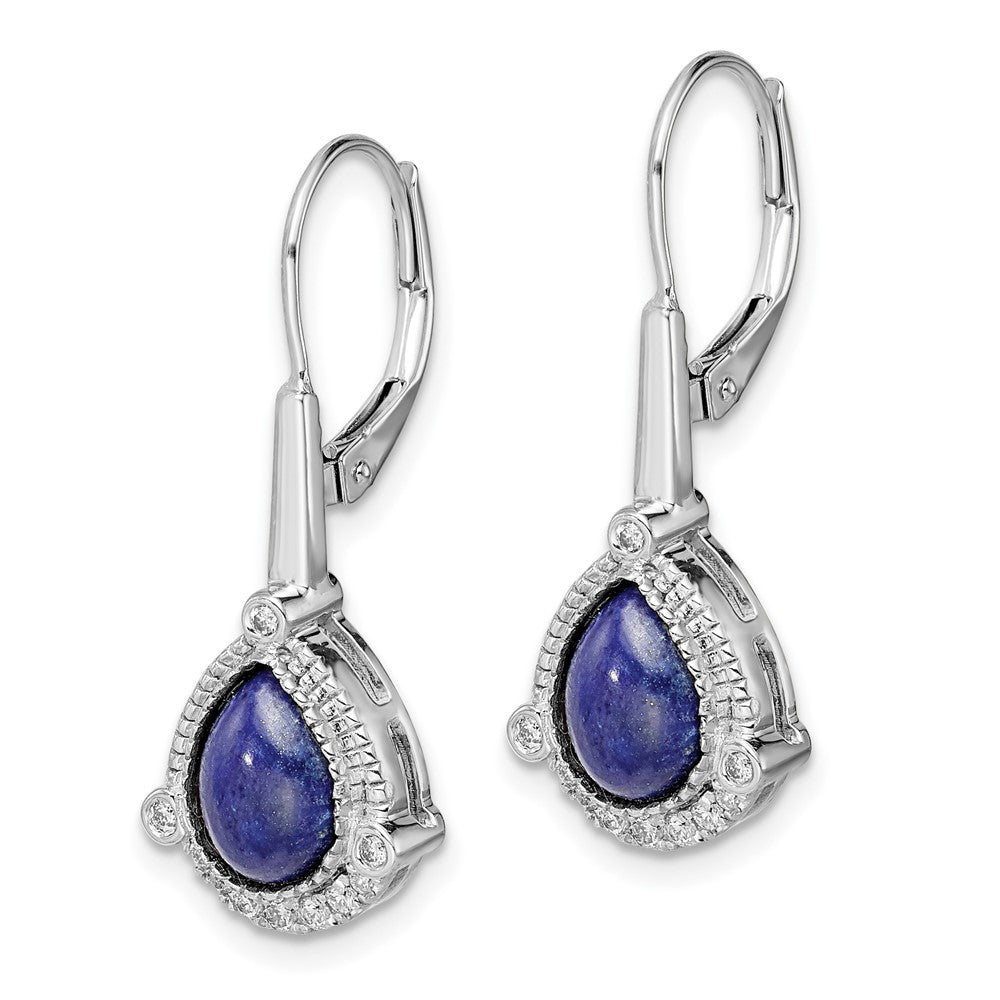 14k White Gold Pear Lapis and Real Diamond Leverback Earrings