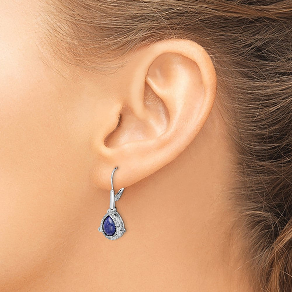 14k White Gold Pear Lapis and Real Diamond Leverback Earrings