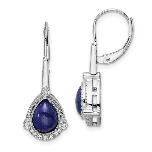 Solid 14k White Gold Pear Lapis and Simulated CZ LeverbacK Earrings