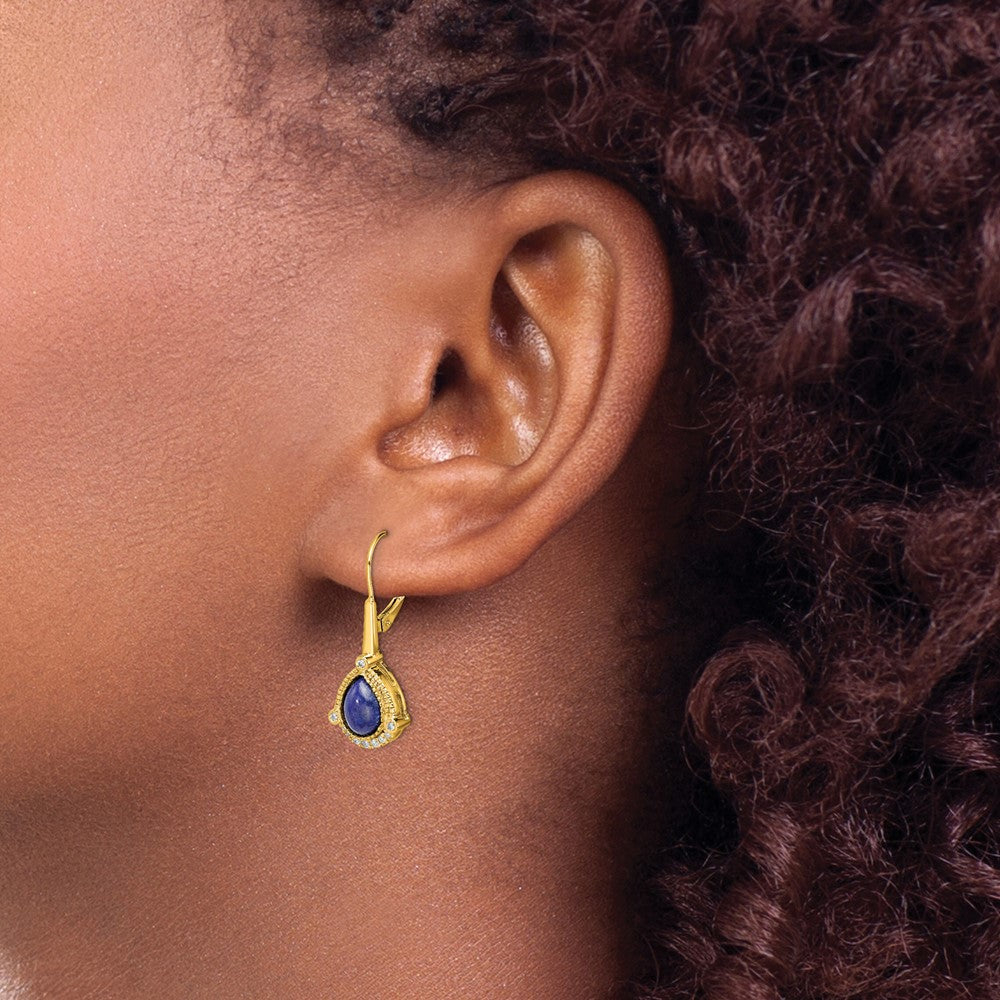 Solid 14k Yellow Gold Pear Lapis and Simulated CZ LeverbacK Earrings