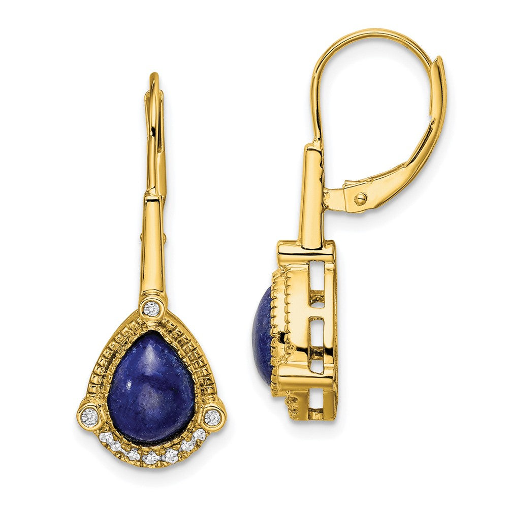 Solid 14k Yellow Gold Pear Lapis and Simulated CZ LeverbacK Earrings