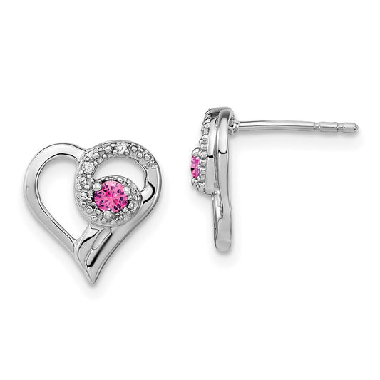 14k White Gold Pink Sapphire and Real Diamond Heart Earrings