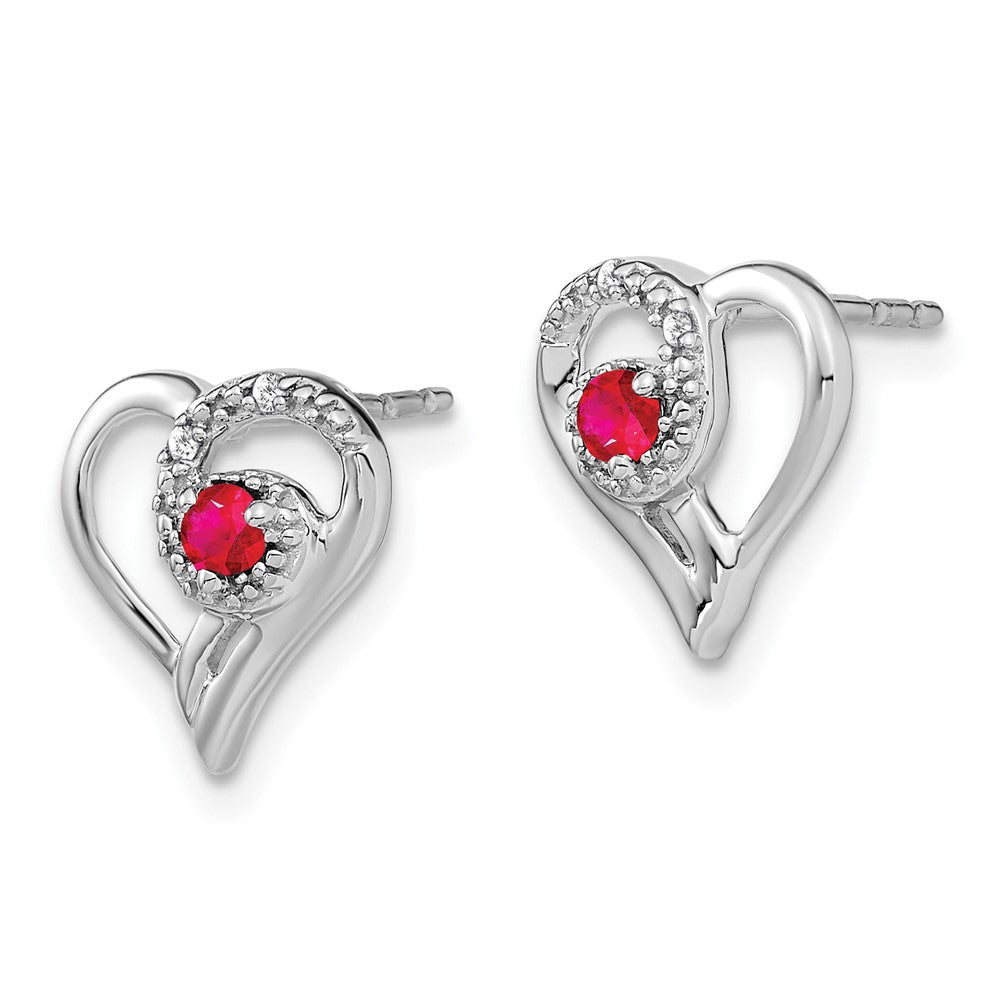 Solid 14k White Gold Simulated Ruby and CZ Heart Earrings