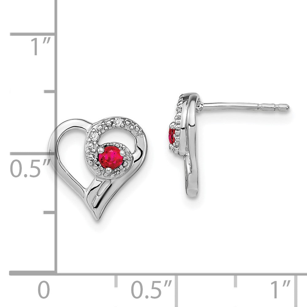 Solid 14k White Gold Simulated Ruby and CZ Heart Earrings