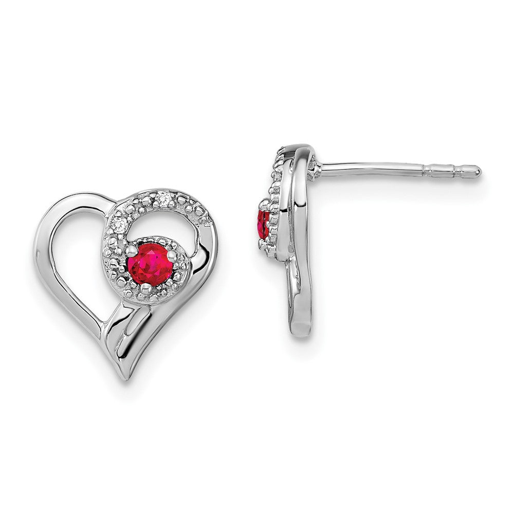 Solid 14k White Gold Simulated Ruby and CZ Heart Earrings