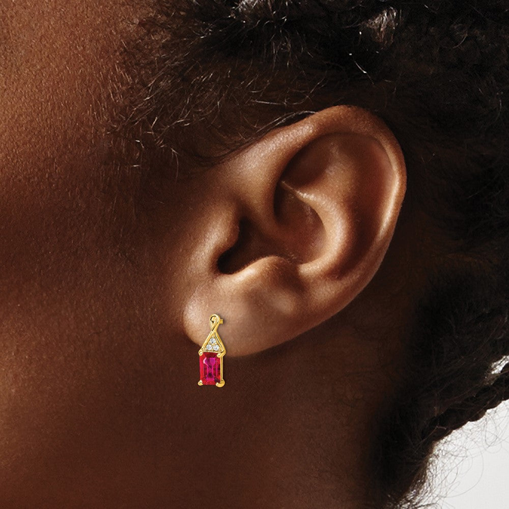 Solid 14k Yellow Gold Simulated Ruby and CZ Earrings